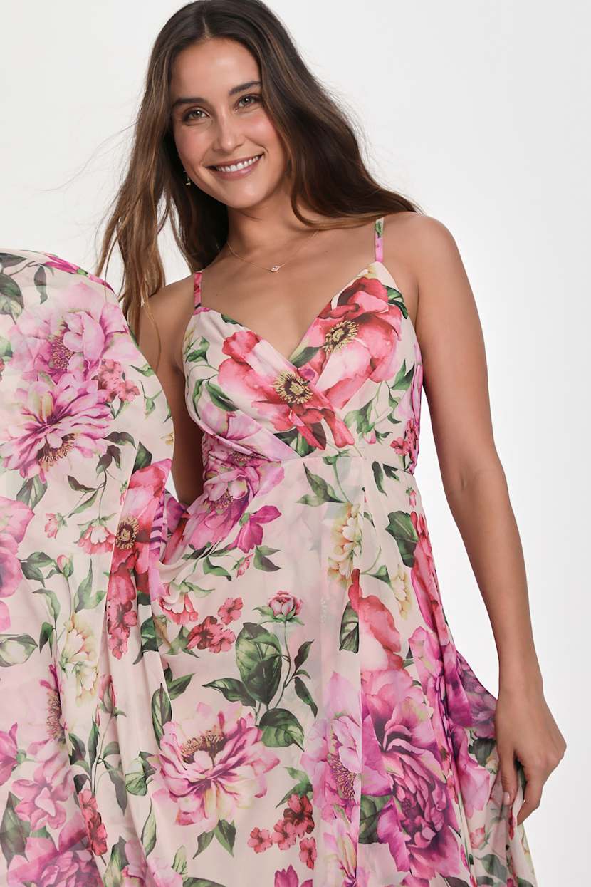 Seasons of Love Blush Pink Floral Print Surplice Maxi Dress