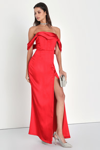Exquisite Stunner Red Satin Off-The-Shoulder Bustier Maxi Dress
