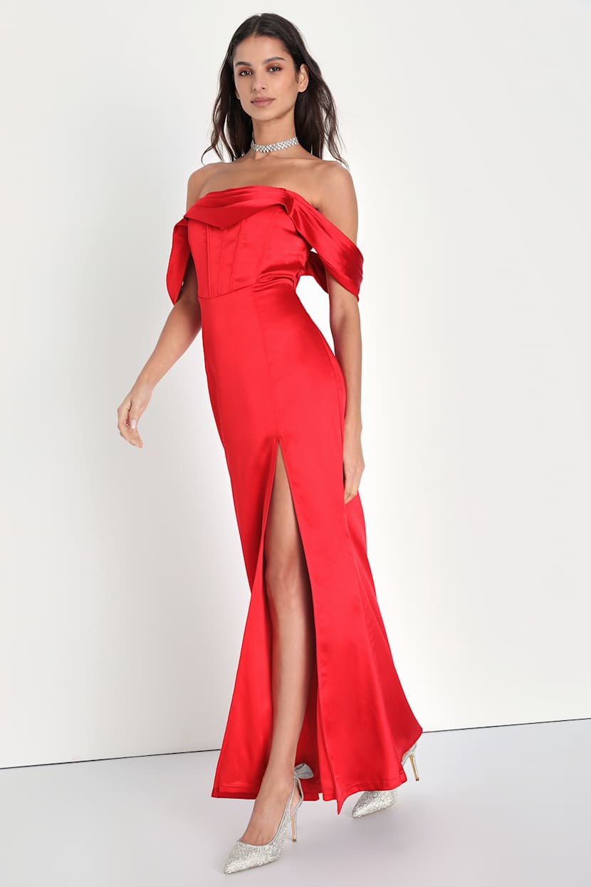 Exquisite Stunner Red Satin Off-The-Shoulder Bustier Maxi Dress