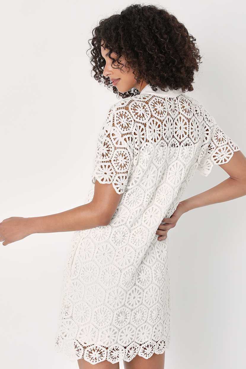 white crochet shirt dress Crochet Vest Babydoll Shirt Dress in White