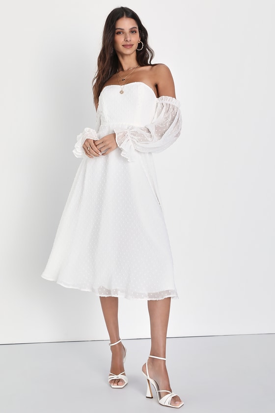 White Swiss Dot Dress - Off-The-Shoulder Dress - OTS Midi Dress - Lulus