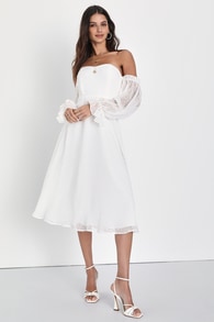 Lovely Angel White Swiss Dot Off-the-Shoulder Midi Dress
