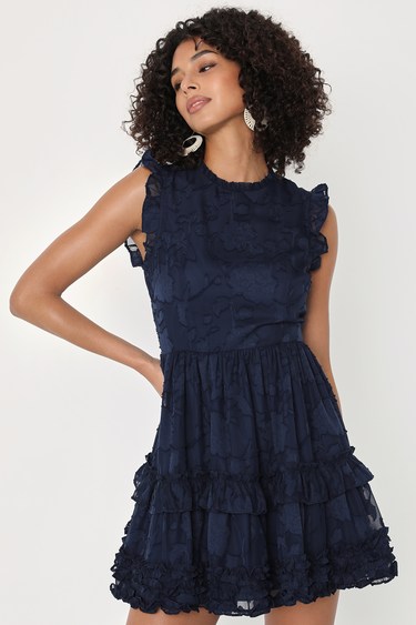 True as Can Be Navy Blue Burnout Floral Ruffled Mini Dress