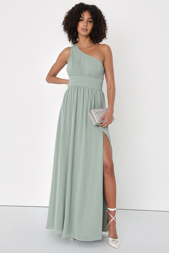 Lulus Graciously Gorgeous Sage Brush One-shoulder Cutout Maxi Dress In Green