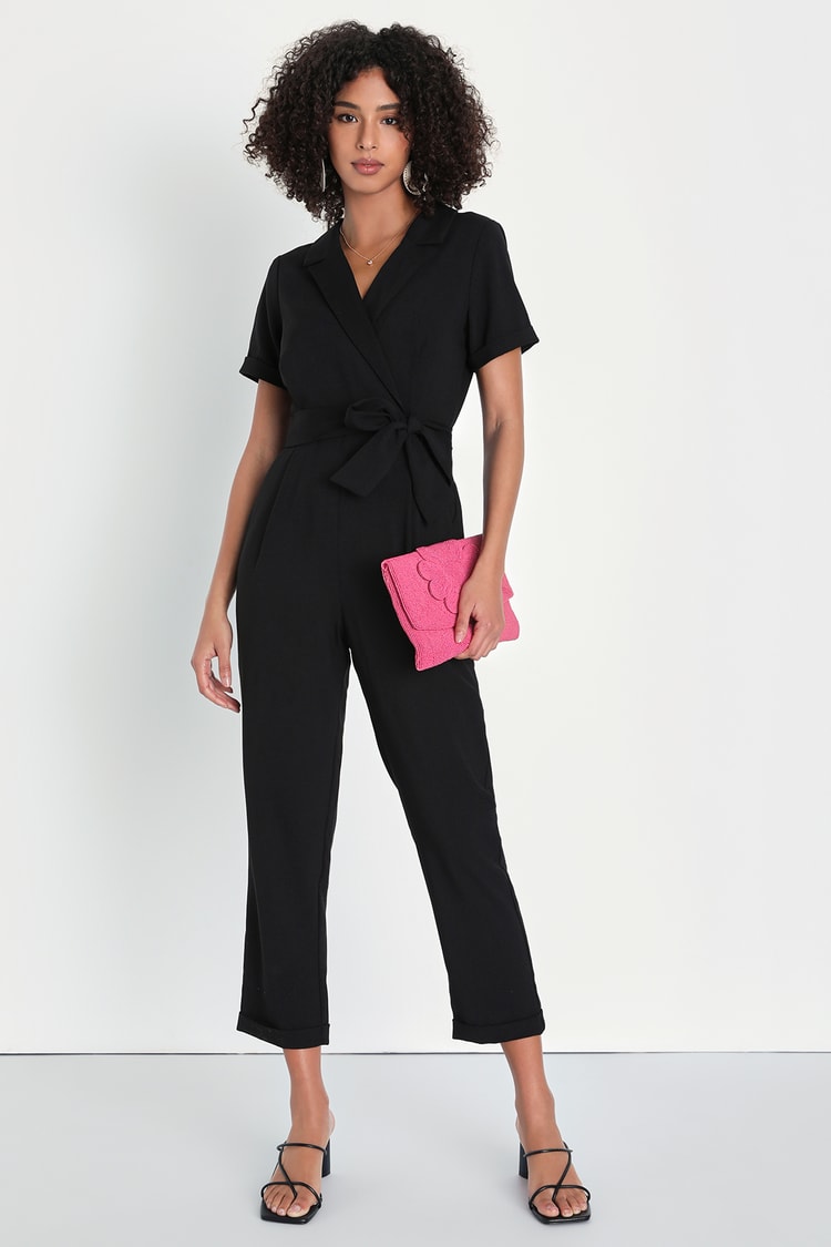 Sensible Sensation Black Tie-Front Short Sleeve Jumpsuit