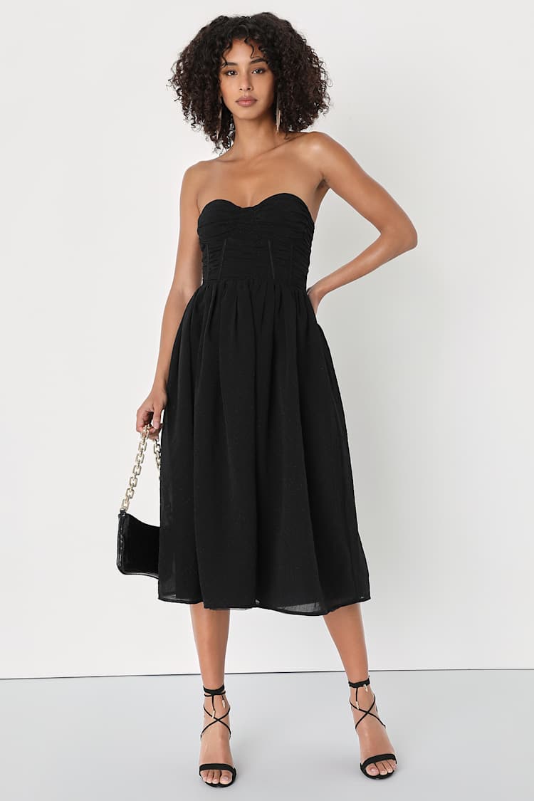 Black Dress - Strapless Dress - Midi Skater Dress - Bustier Dress - Lulus