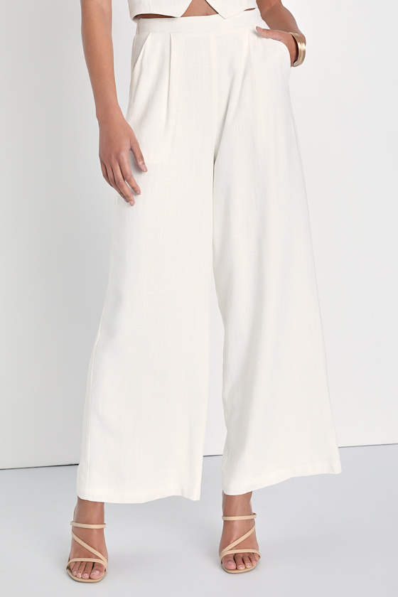 Ivory Linen Pants - High-Waisted Pants - Pleated Trouser