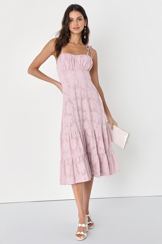 Sweet Sentiments Light Mauve Jacquard Tiered Midi Dress