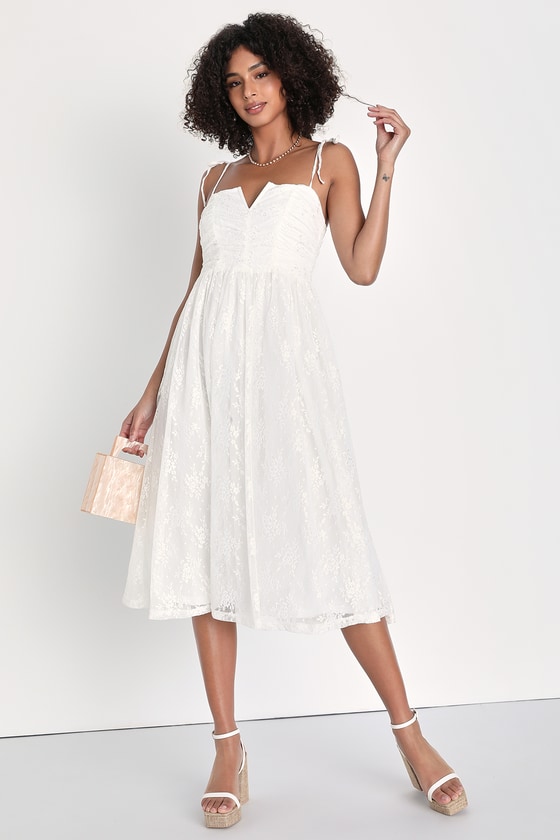 Lulus Charismatic Sweetie White Lace Ruched Tie-strap Midi Dress