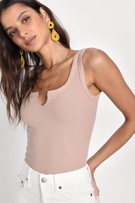Stylish Perception Beige Ribbed Notched Tank Top