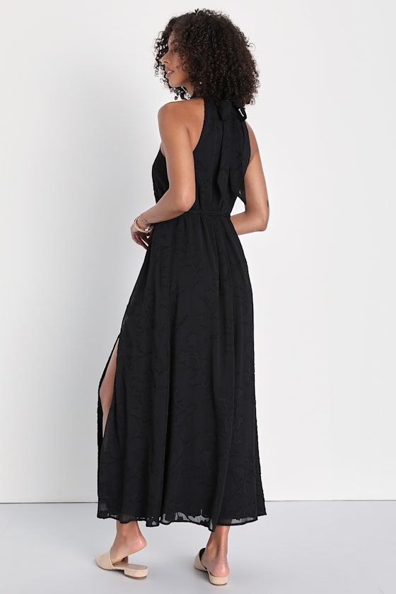 Unique Black Oversized Jacquard Chiffon Maxi Dress Summer YY018