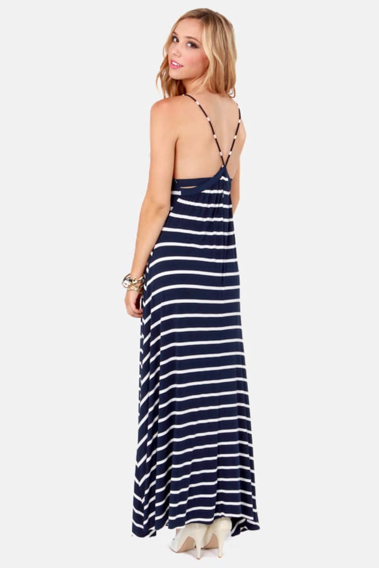 navy blue and white striped maxi dress Women's Striped Knit Maxi Dress – Lucca Couture main image 1
