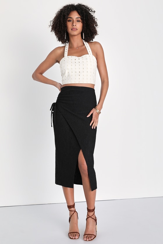 Black Textured Skirt - Ruched Drawstring Skirt - Faux-Wrap Skirt - Lulus