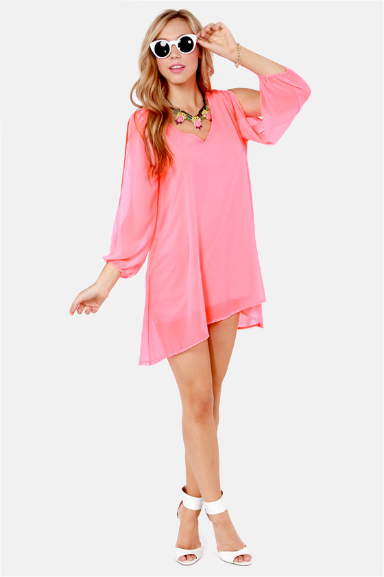 Pretty Neon Pink Dress Shift Dress Cold Shoulder Dress 44.00 Lulus