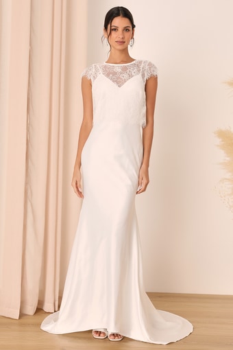 Eternally Devoted White Lace Cap Sleeve Satin Mermaid Maxi Dress