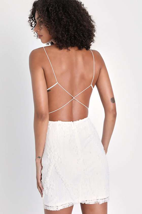 White Textured Dress - Lace Mini Dress - Backless Bodycon