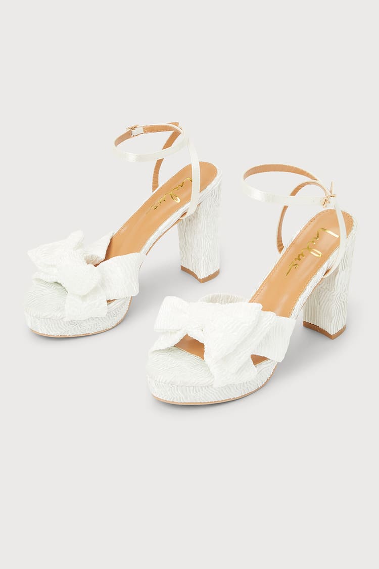 Lilsa White Bow Platform Ankle Strap Heels