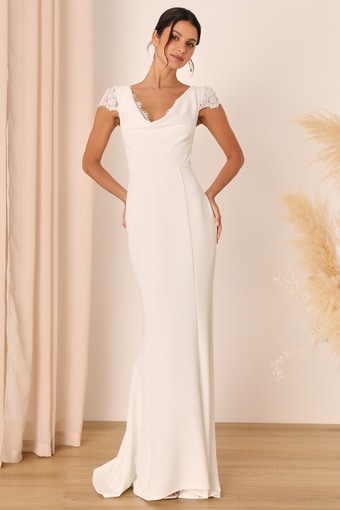 Forever Beloved White Lace Cap Sleeve Mermaid Maxi Dress