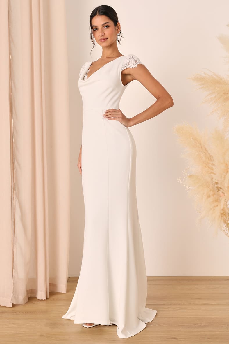 Forever Beloved White Lace Cap Sleeve Mermaid Maxi Dress