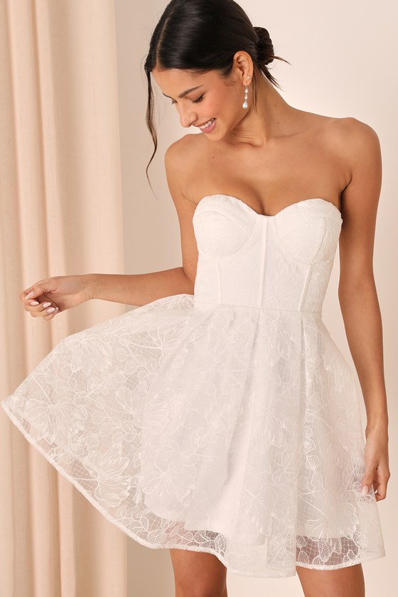 White Embroidered Dress - Mini Skater Dress - Strapless Dress - Lulus