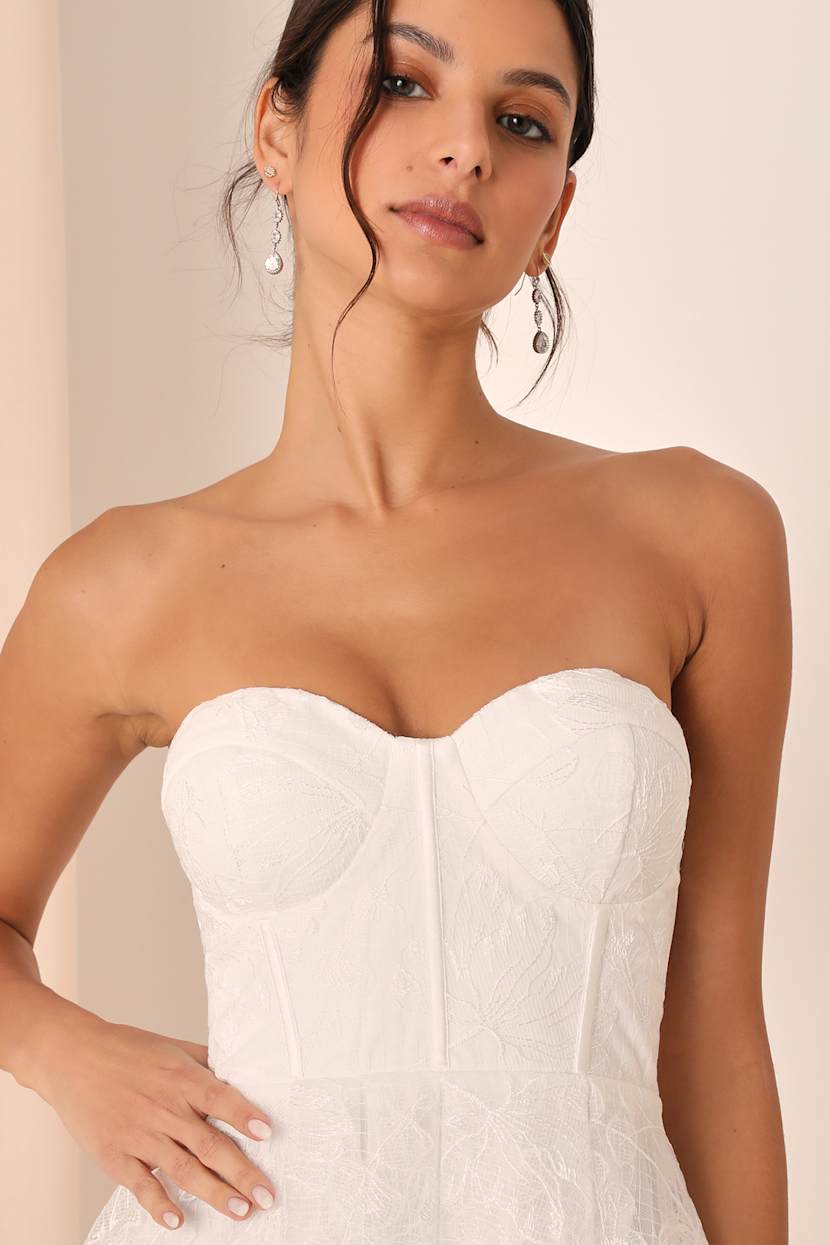 Precious Approach White Embroidered Strapless Tulle Mini Dress