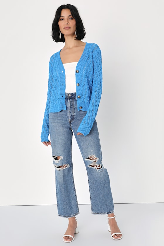 Stylish Layer Blue Loose Knit Button-Up Cardigan Sweater 2