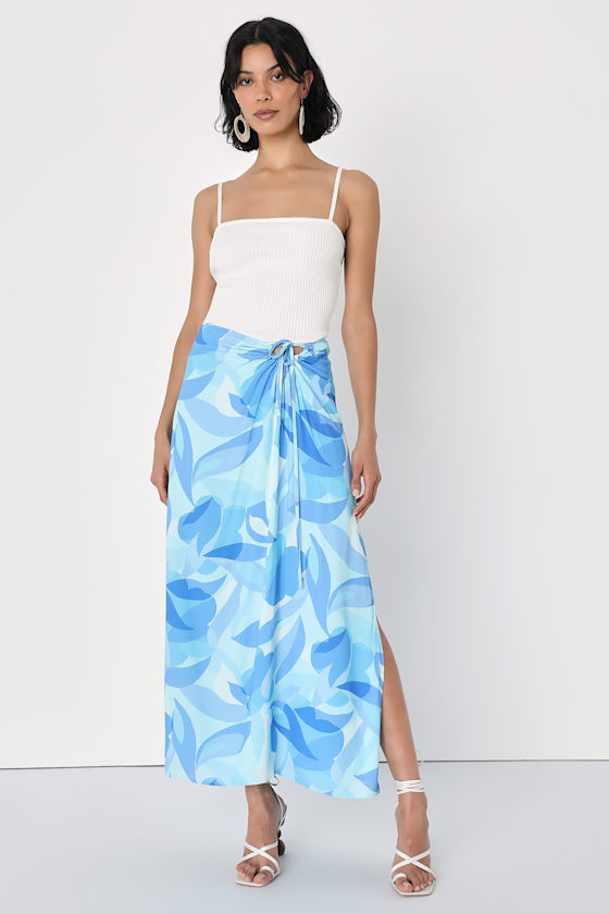 Tropical Energy Blue Multi Abstract Print Keyhole Maxi Skirt 1