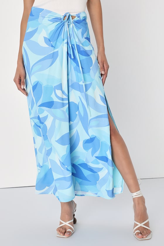 Tropical Energy Blue Multi Abstract Print Keyhole Maxi Skirt 2