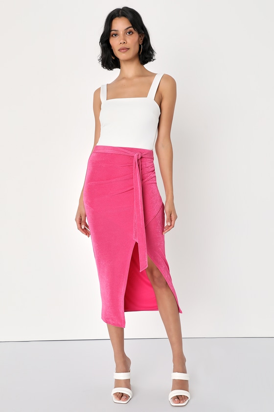 Lulus Forever Flaunting It Pink Tie-front Faux-wrap Midi Skirt