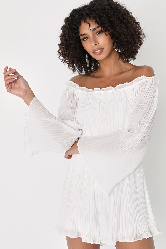 Lulus Here To Plisse White Pleated Off-the-shoulder Long Sleeve Romper