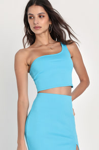 Phenomenal Style Blue Ribbed One-Shoulder Two-Piece Midi Dress