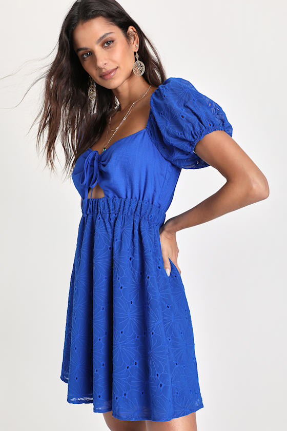 Cobalt Blue Feather Trimmed Off-shoulder Mini Dress Enticing Behavior Cobalt  Blue Ruffled One-Shoulder Mini Dress | Mini ...