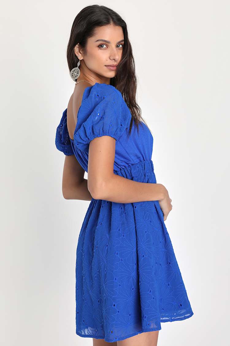 Cobalt Floral Mini Dress - Embroidered Dress - Puff Sleeve Dress - Lulus Cobalt Floral Mini Dress - Embroidered Dress - Puff Sleeve Dress - Lulus