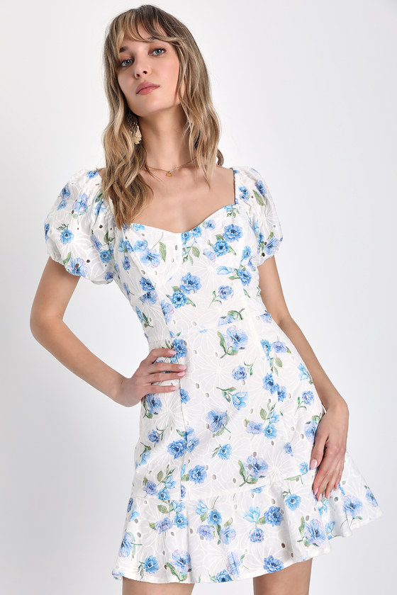 White Floral Dress - Puff Sleeve Dress - Eyelet Embroidered Dress - Lulus