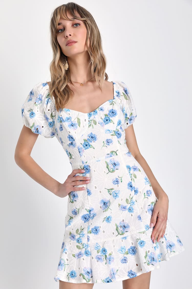 Darling Whimsy White Floral Eyelet Puff Sleeve Mini Dress