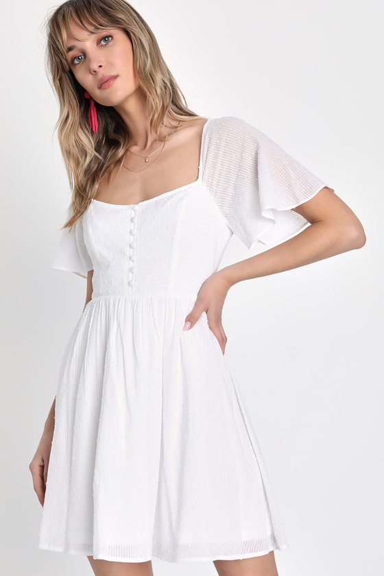 Lulus Adoring Energy White Swiss Dot Flutter Sleeve Mini Dress