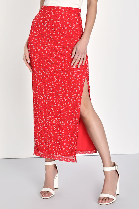 Rosalie Red Floral Print Mesh High-Rise Midi Skirt 2