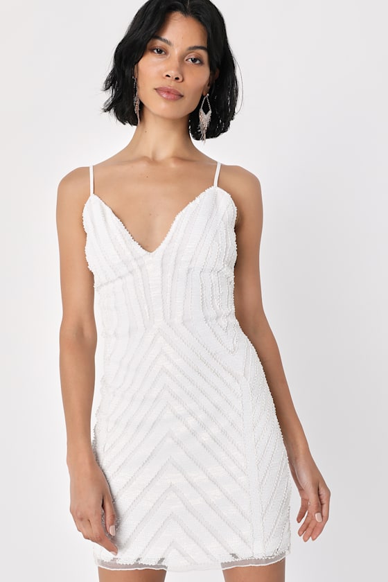 White Floral Beaded Sequin Embellished Bodycon Ruched Strapless Mini Dress main image 0