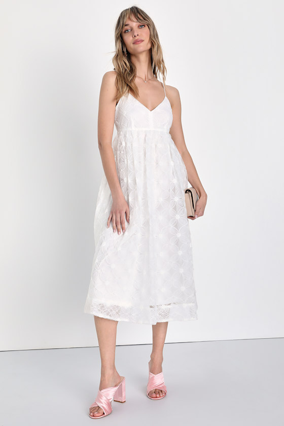 Radiate Elegance Ivory Tulle Floral Applique Babydoll Midi Dress 1