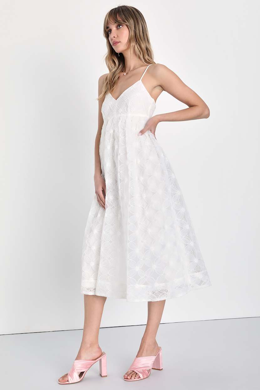 Ivory Tulle Midi Dress - 3D Floral Dress - Babydoll Midi Dress - Lulus