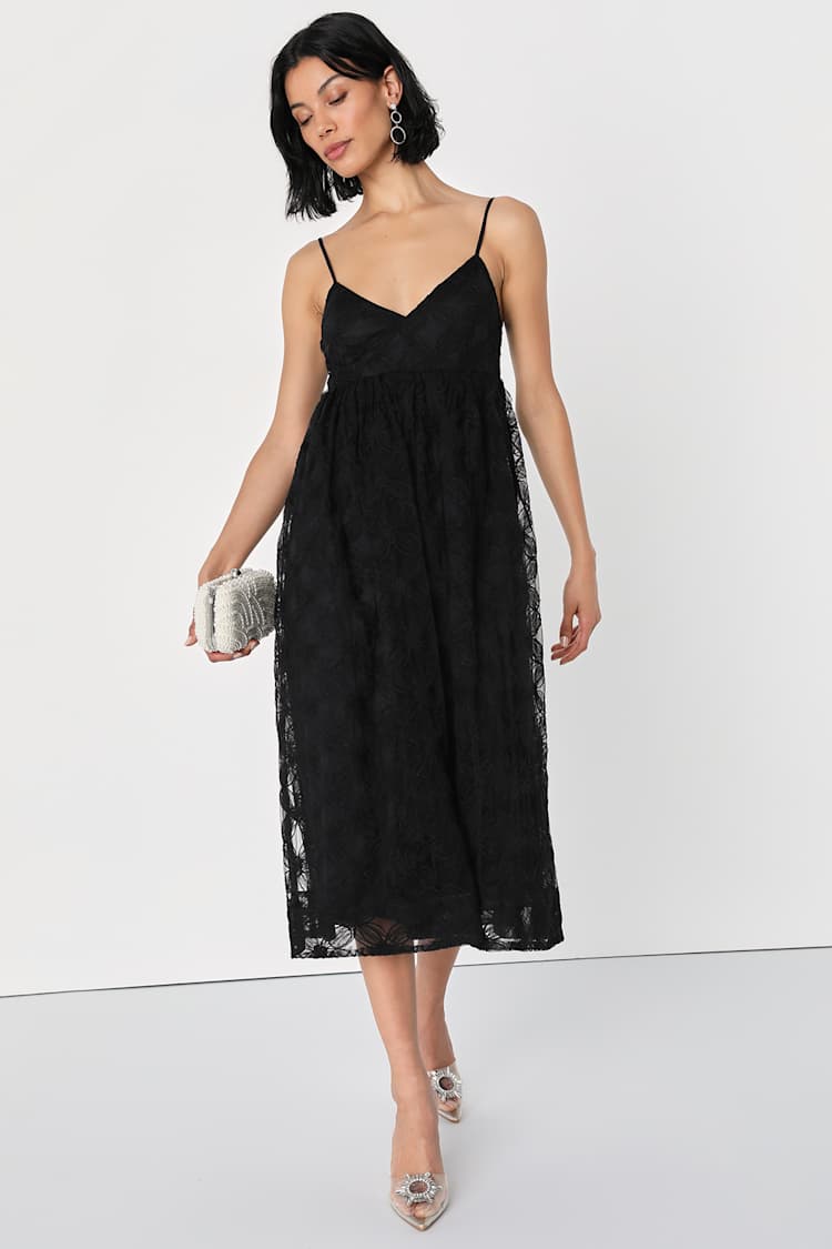 Radiate Elegance Black Floral Tulle Midi Dress