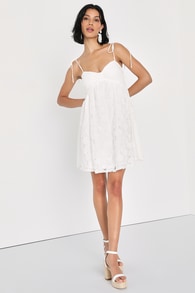 Angelic Admiration White Lace Tie-Shoulder Babydoll Mini Dress