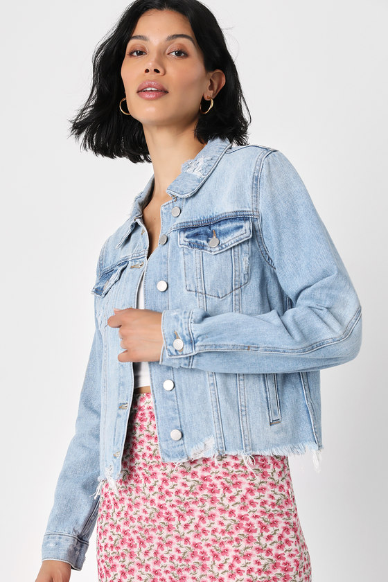 Lulus Cooler Than You Light Wash Distressed Denim Jacket In Blue