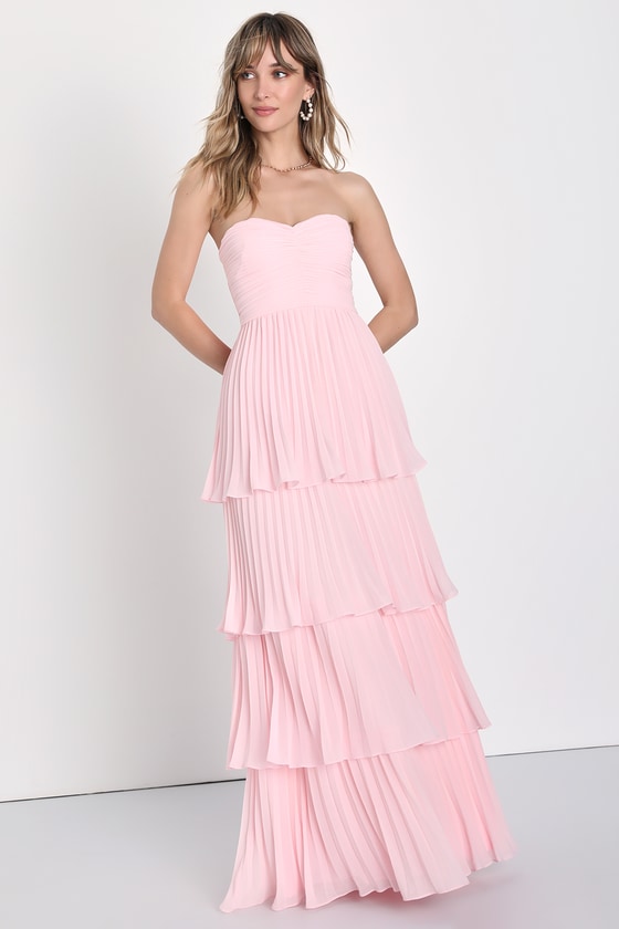 Seriously Sensational Pink Pleated Strapless Tiered Maxi Dress