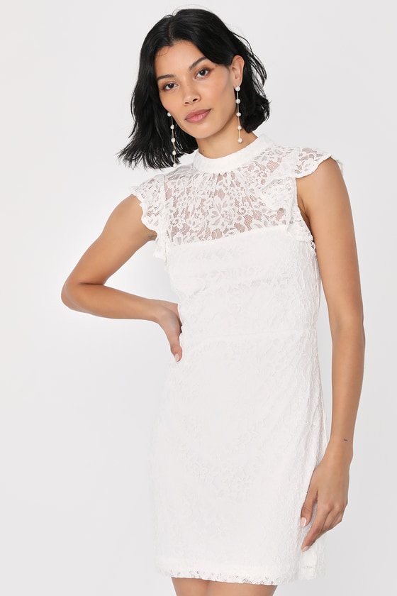 Lulus Romantic Disposition White Lace Mock Neck Bodycon Mini Dress