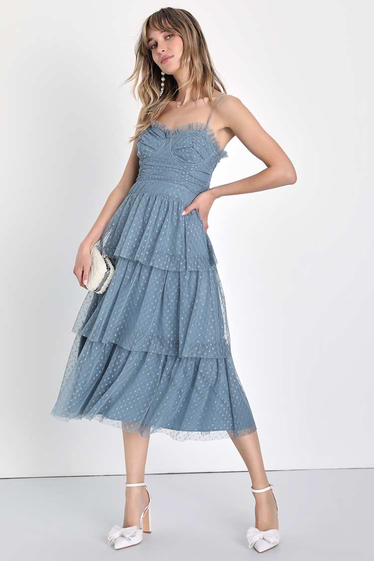 blue polka dot bridesmaid dress Polka-Dot Wedding-Guest Dress: Mac Duggal 37053 Sky Multi / 0