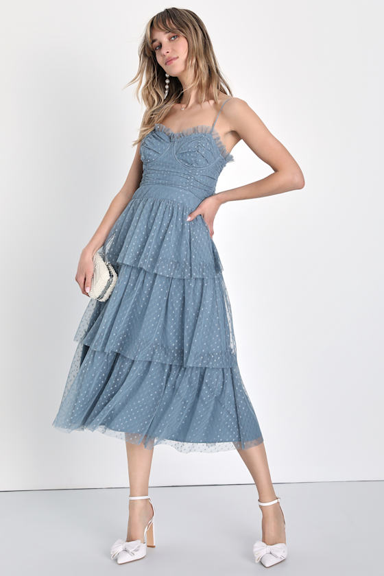 Sweetheart Style Slate Blue Polka Dot Bustier Tiered Midi Dress 1