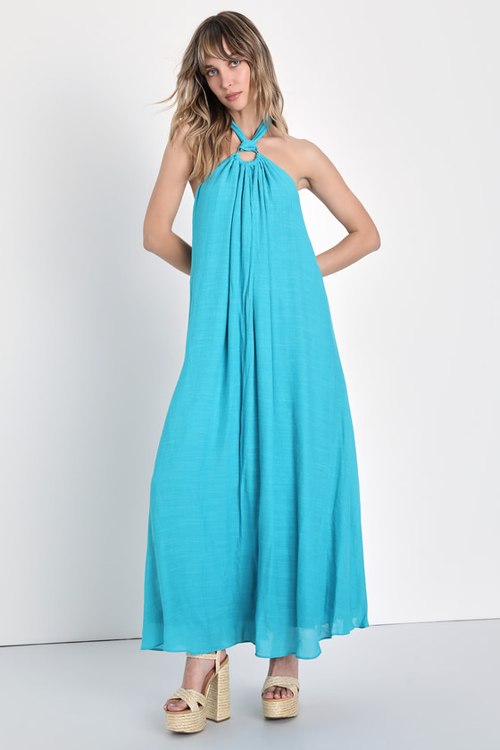 Lulus Corfu Charm Teal Blue O-ring Halter Maxi Dress