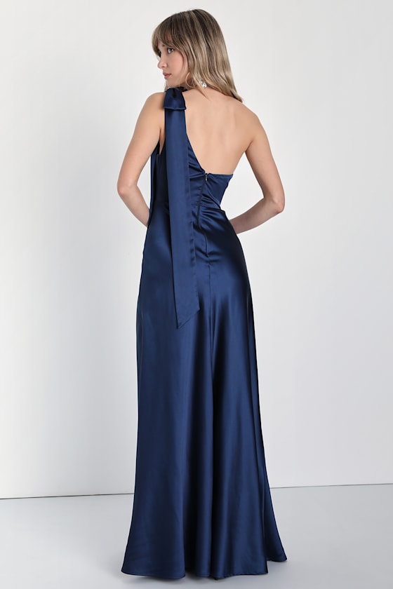 Lovely Refinement Navy Blue Satin Cutout One-Shoulder Maxi Dress 2