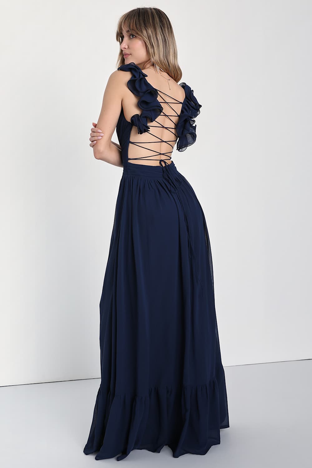 Soiree Celebration Navy Blue Ruffled Lace-Up Maxi Dress